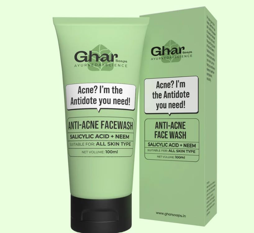 Ghar Soap 2% Anti-Acne Face Wash with Salicylic Acid & Neem | Natural & Herbal Cleanser for Acne-Prone Skin | Sulphate-Free Face Wash for Men & Women (100 ml)