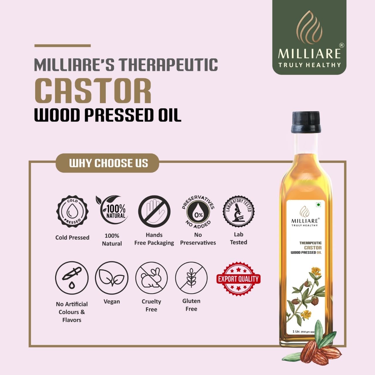 Milliare Therapeutic Organic Castor Wood Pressed Oil - 100% Pure and Natural | Premium Grade Oils for Body, Skin,Hair & massage | Natural Essential Oil | 250 ml | Made in India
