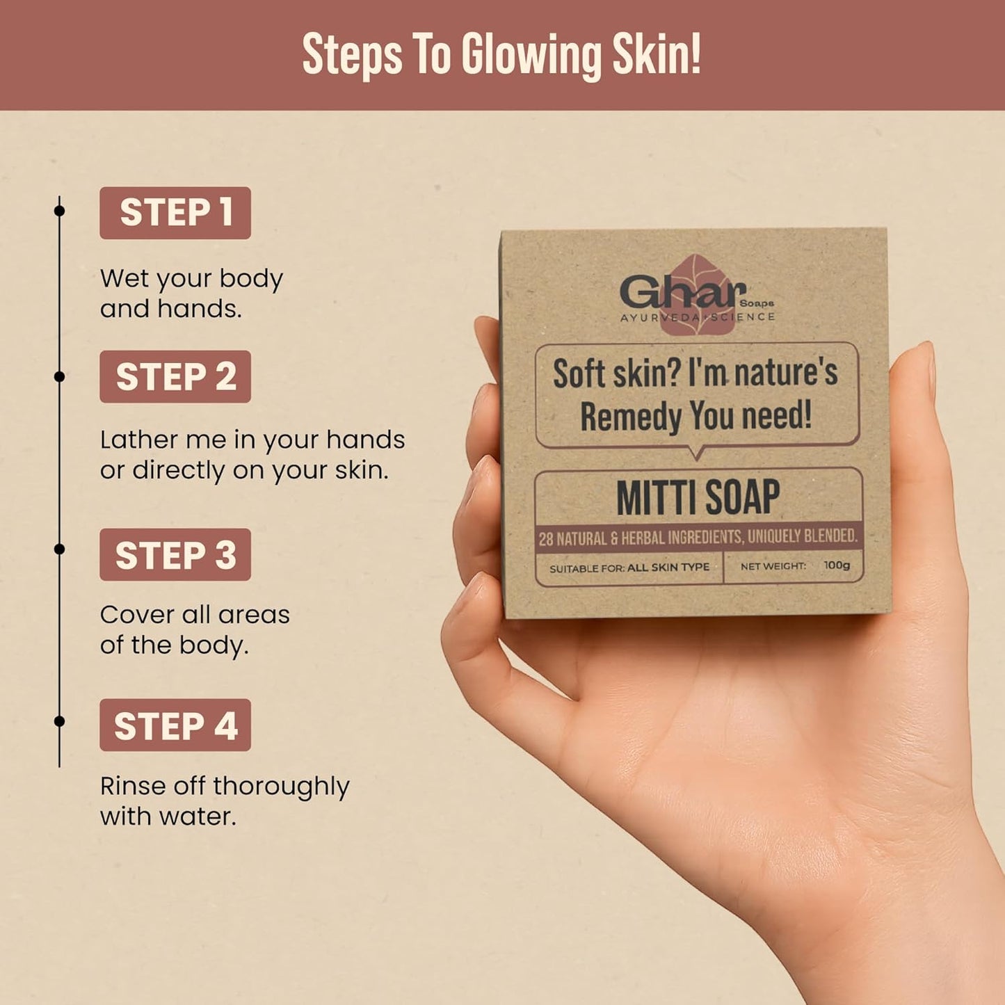 Ghar Soaps Mitti Soap with Mountain Pond Soil, 26 Herbs for Brightening, Softening, Exfoliating, All Skin Types, 100g Bar