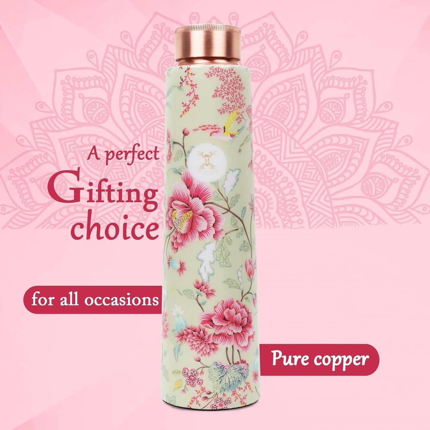 MERCAPE® - 100% Pure Joint Less Copper Bottles for Water with Leak Proof Lid | Ayurveda BPA Free & Non Toxic | Ayurvedic Office | Flower Print Bottle | Hiking Treking Bottle - 900ml (Pack Of 2)