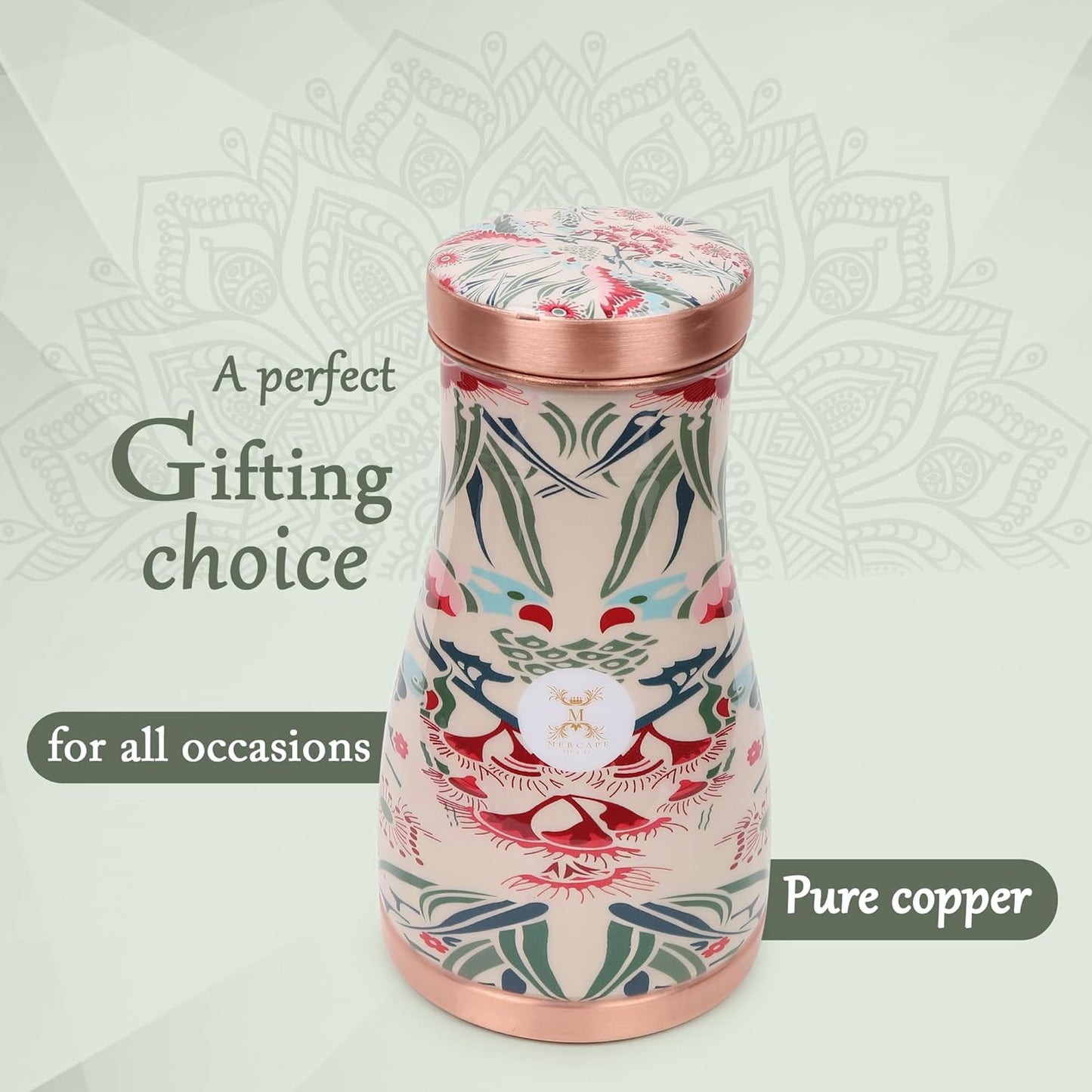 MERCAPE® - 100% Pure Copper Water Bedside Bottle with Ample Multicolor Print Design 2 | Bedroom Office Carafe | Bedroom jar with inbuilt Copper Glass/Vessel 1000 ML