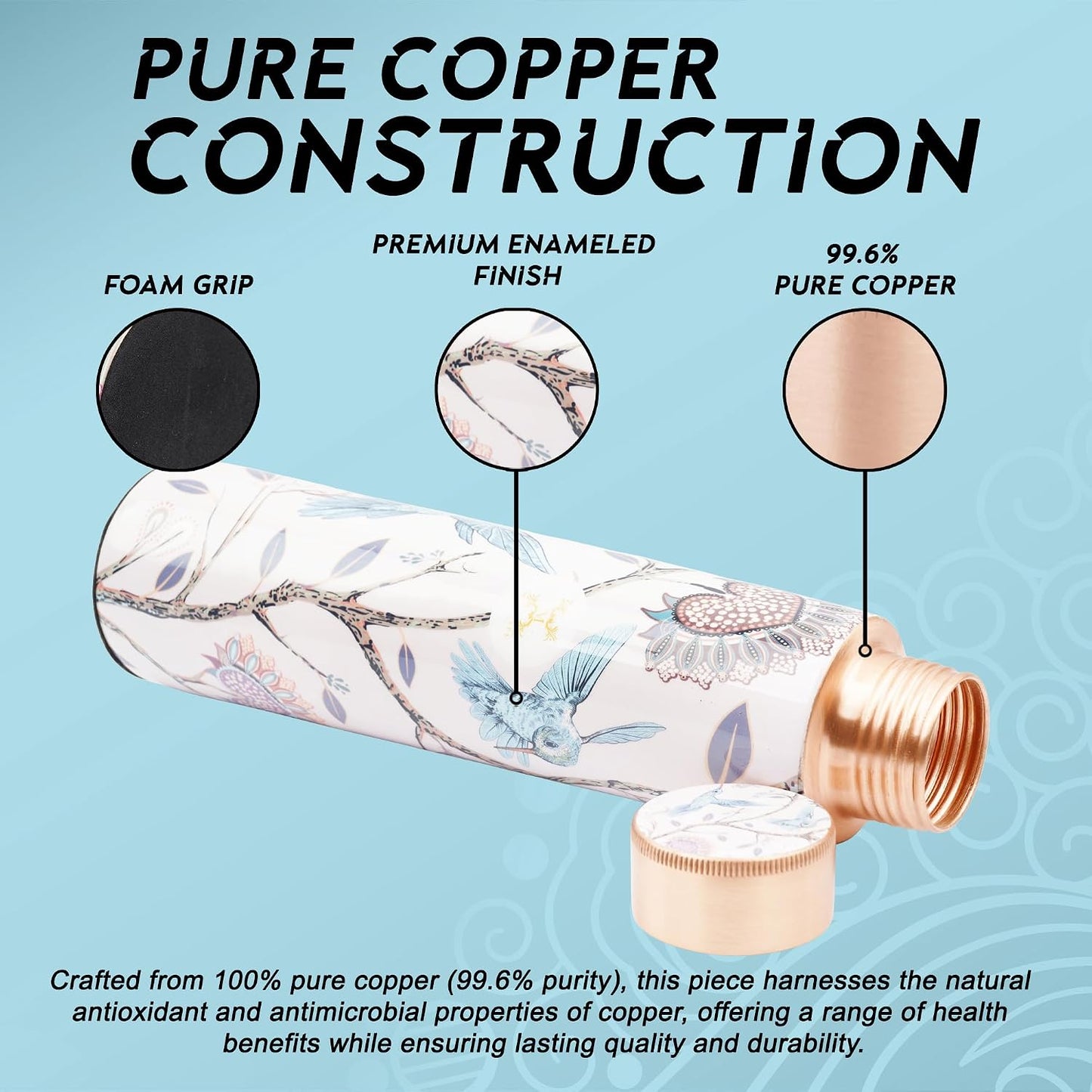 Pure Copper Water Bottle Set with 2 Glasses – Premium Enameled Floral Print (900ml Bottle, 300ml Tumblers)