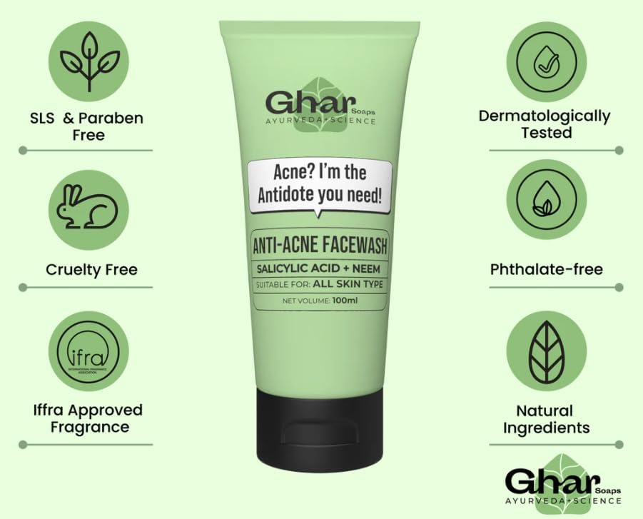 Ghar Soap 2% Anti-Acne Face Wash with Salicylic Acid & Neem | Natural & Herbal Cleanser for Acne-Prone Skin | Sulphate-Free Face Wash for Men & Women (100 ml)