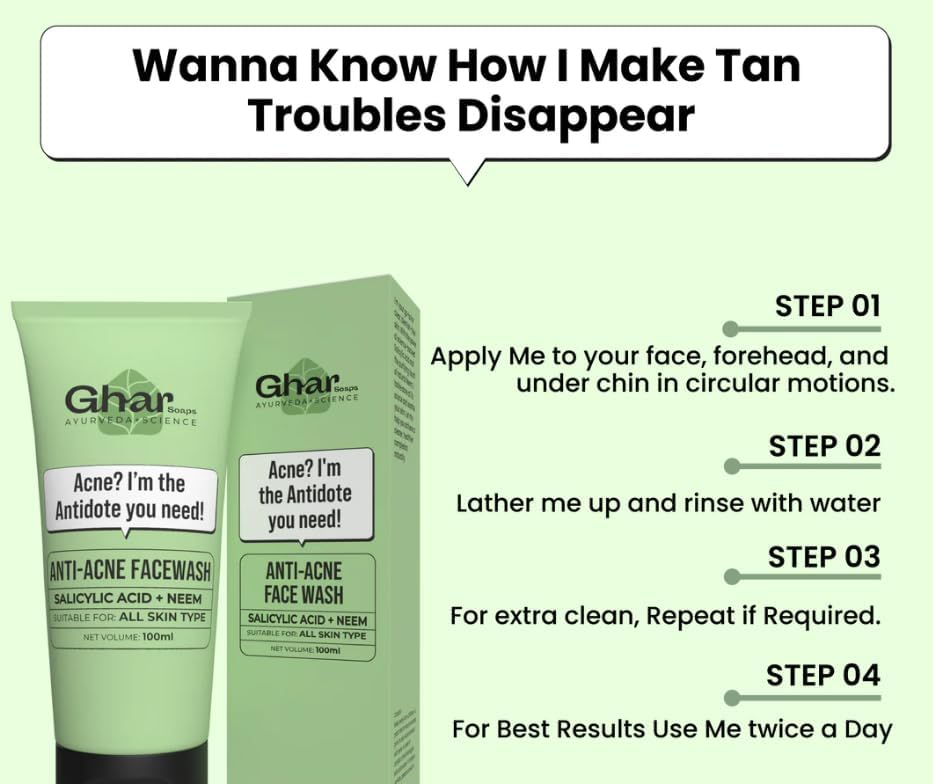 Ghar Soap 2% Anti-Acne Face Wash with Salicylic Acid & Neem | Natural & Herbal Cleanser for Acne-Prone Skin | Sulphate-Free Face Wash for Men & Women (100 ml)