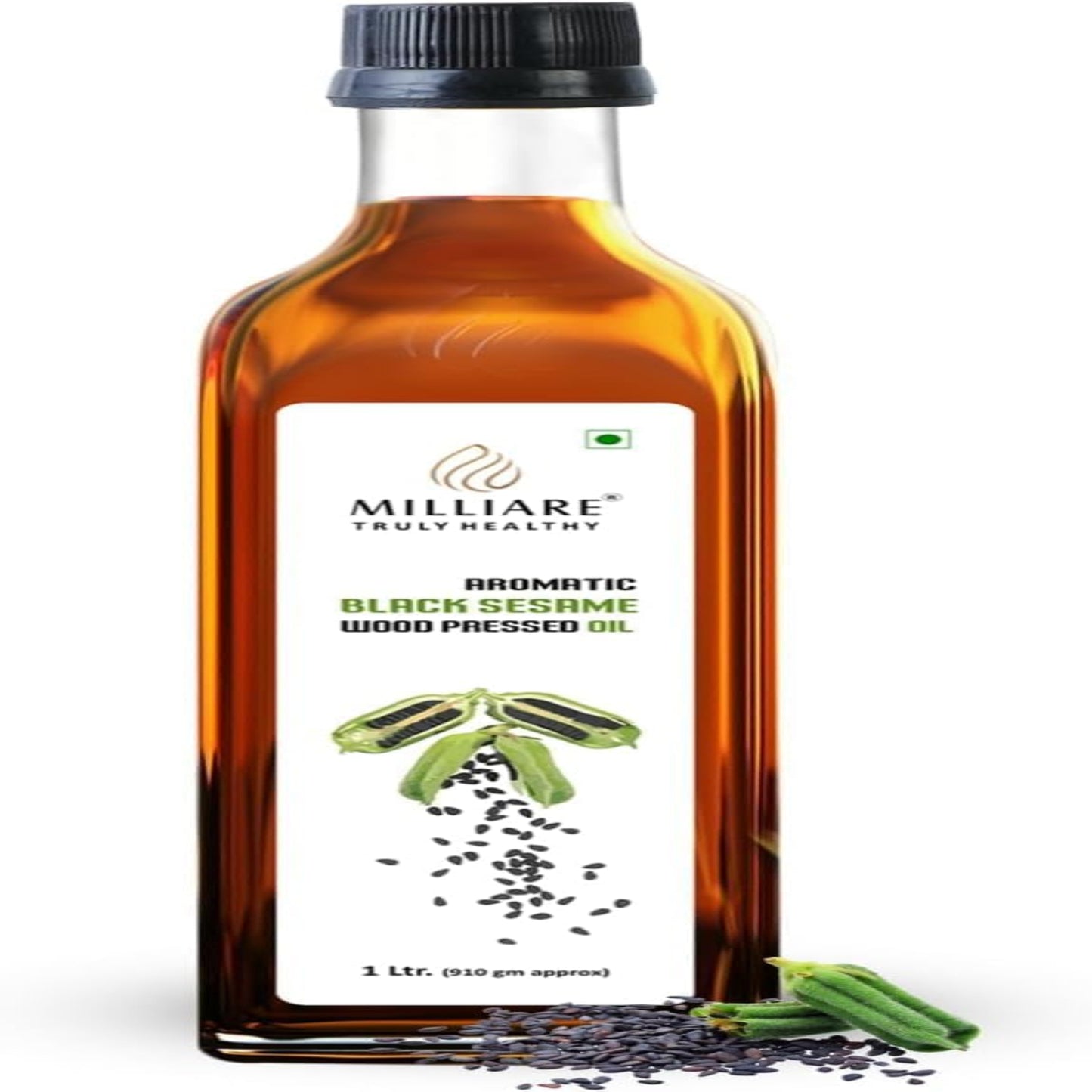 Milliare Natural Black Sesame Wood-Pressed Oil, 100% Pure Organic Essential Oil, Sulfate Free, Almond Scent, for Skin Hair Body Nourishment, 250 ml