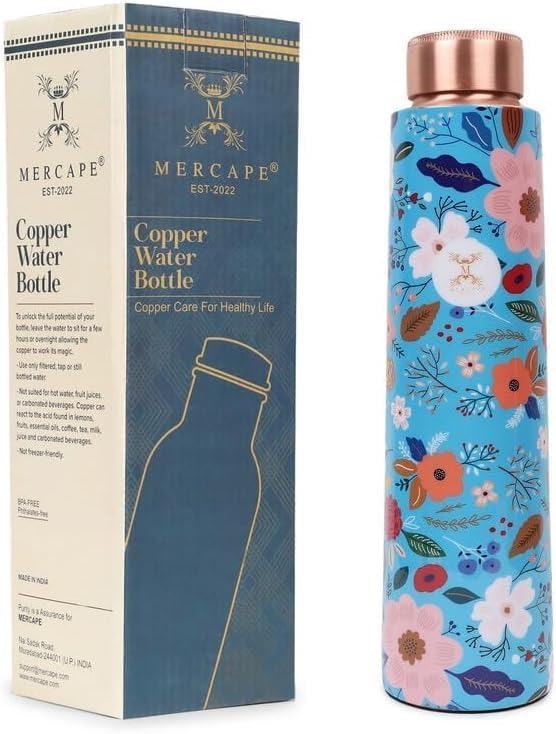 MERCAPE Copper Water Bottle Handmade Ayurvedic Enameled Print Water Bottle for Drinking 900ml (Pack of 2)
