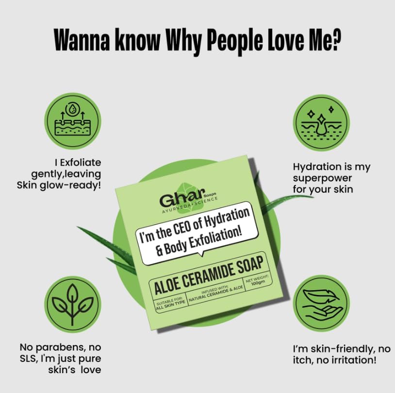 Ghar Soap Natural Aloe Vera Soap,Natural Handmade Soap,Herbal Bathing Soap For Healthy Skin,Natural Soap With Essential Oils|Made with Grape Seed Oil,Aloe Vera,Oats&Shea Butter Pack of 1