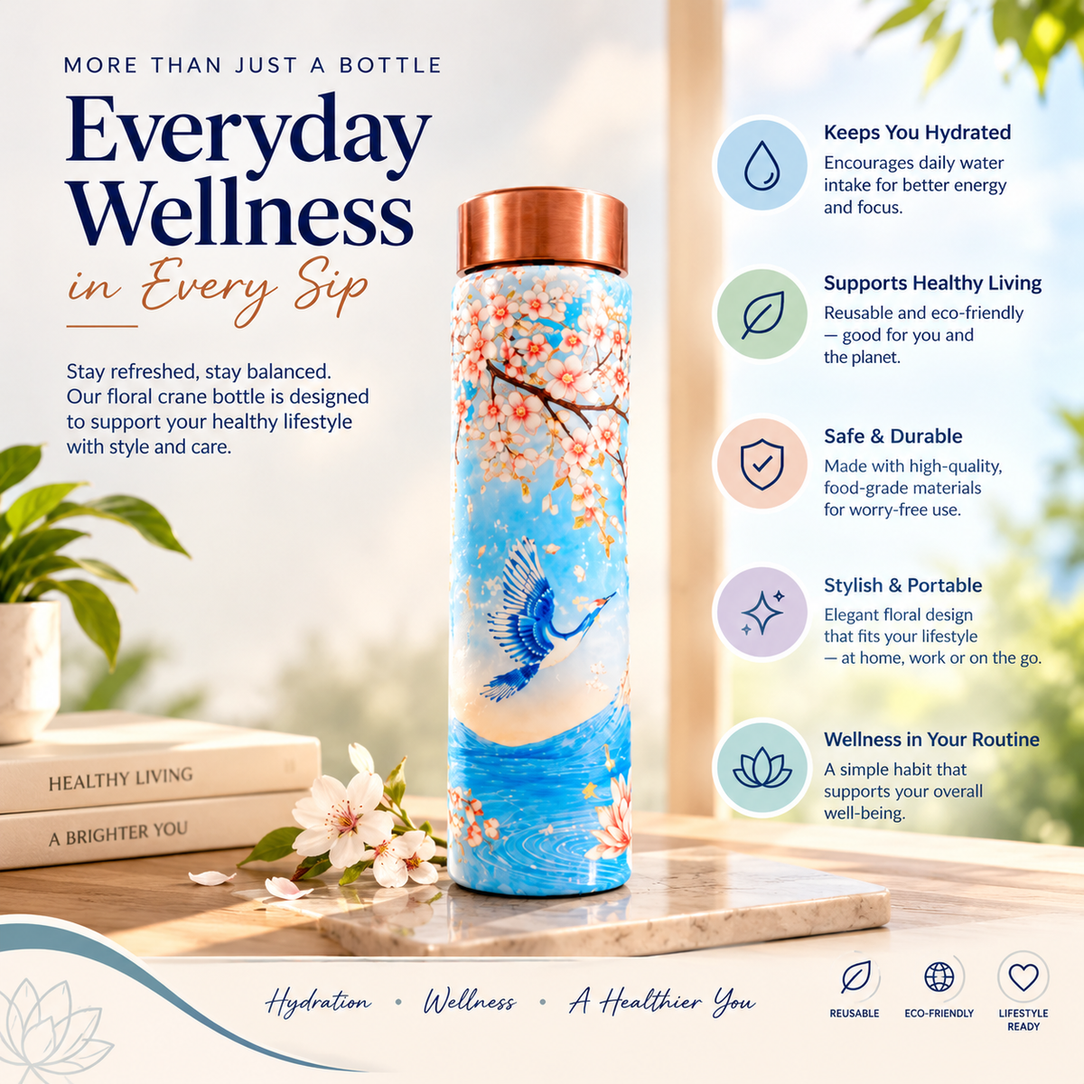 Floral Crane Water Bottle