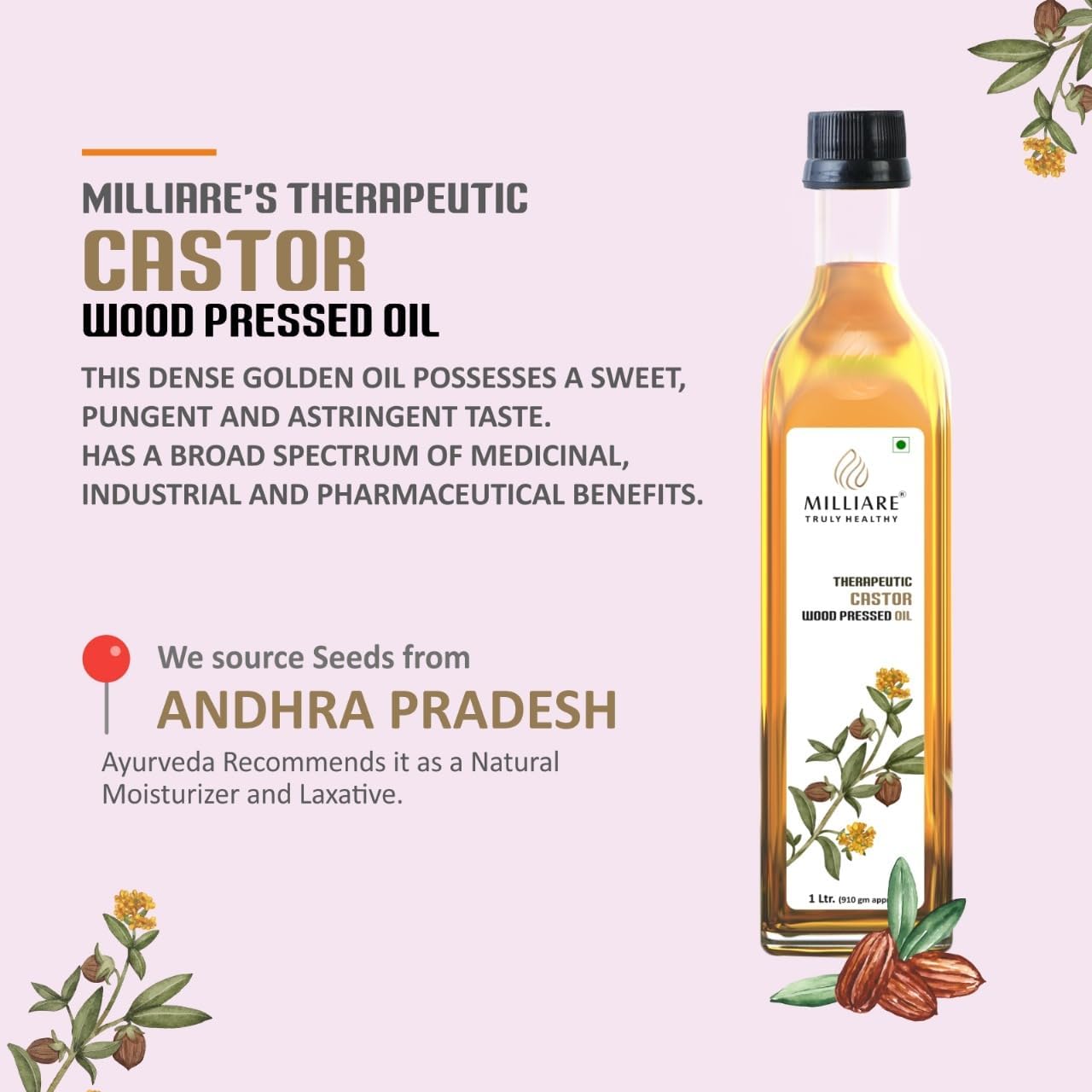 Milliare Therapeutic Organic Castor Wood Pressed Oil - 100% Pure and Natural | Premium Grade Oils for Body, Skin,Hair & massage | Natural Essential Oil | 250 ml | Made in India