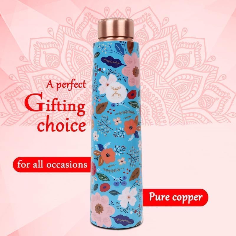 MERCAPE Copper Water Bottle Handmade Ayurvedic Enameled Print Water Bottle for Drinking 900ml (Pack of 2)