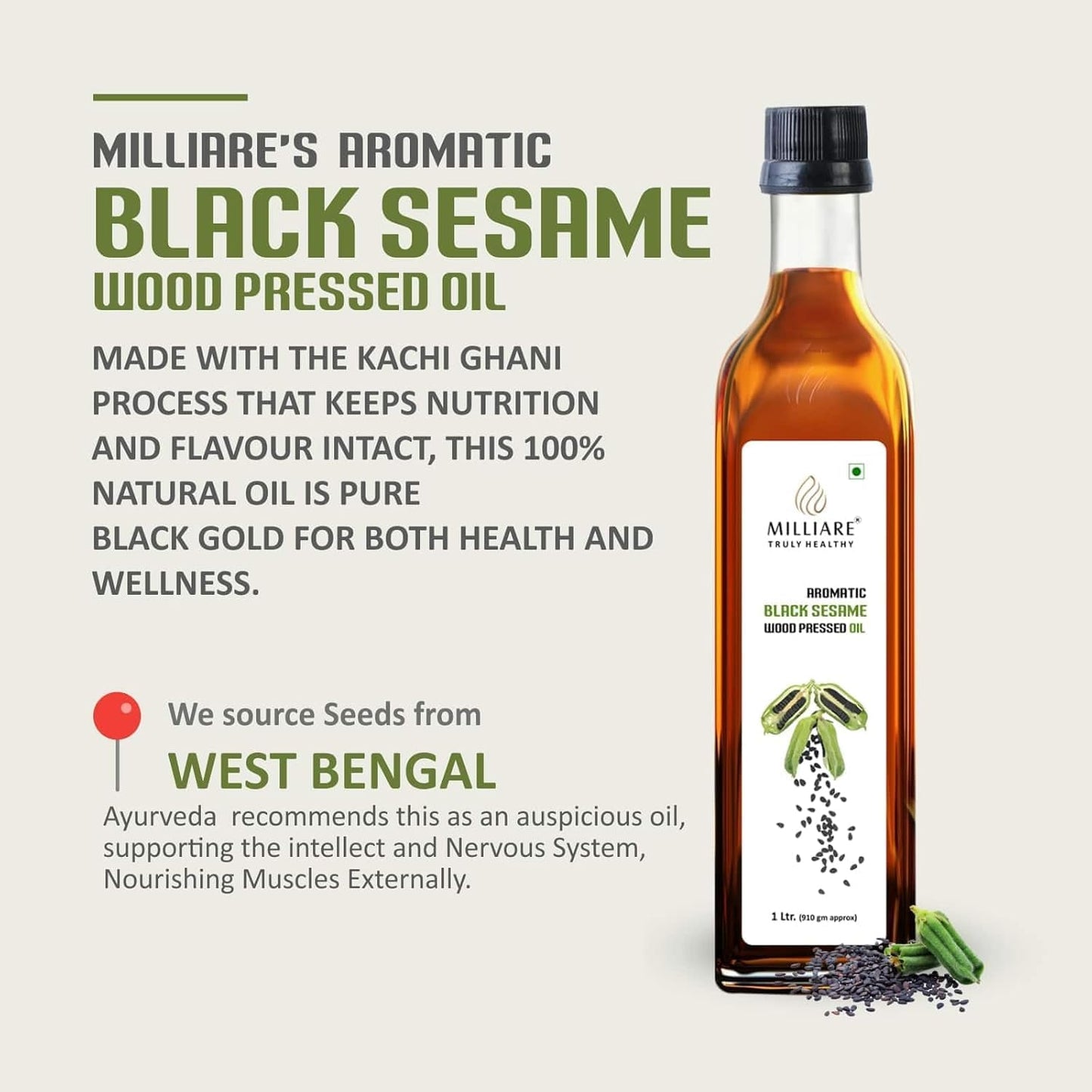 Milliare Natural Black Sesame Wood-Pressed Oil, 100% Pure Organic Essential Oil, Sulfate Free, Almond Scent, for Skin Hair Body Nourishment, 250 ml