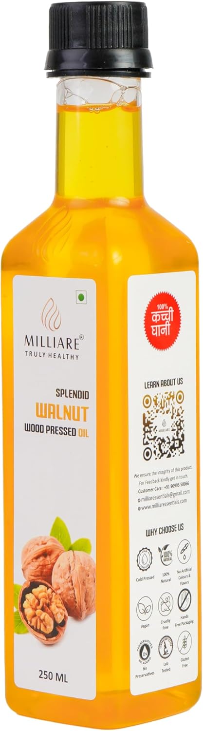 MILLIARE Natural Pure Organic Walnut Oil 100% Wood Pressed - 100% Pure & Non-Preservative | Best for Body, Skin & Hair | Essential Oil | 250 ml