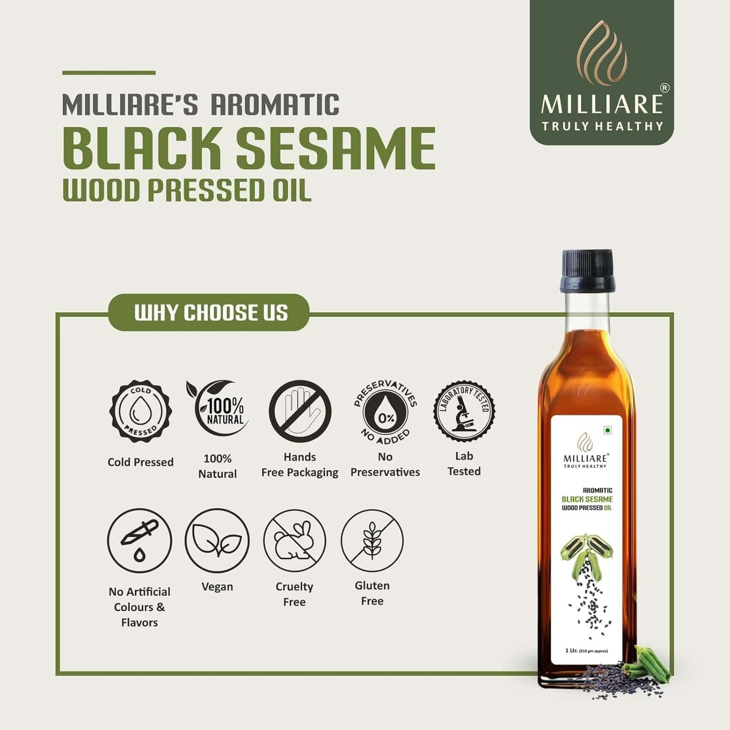 Milliare Natural Black Sesame Wood-Pressed Oil, 100% Pure Organic Essential Oil, Sulfate Free, Almond Scent, for Skin Hair Body Nourishment, 250 ml