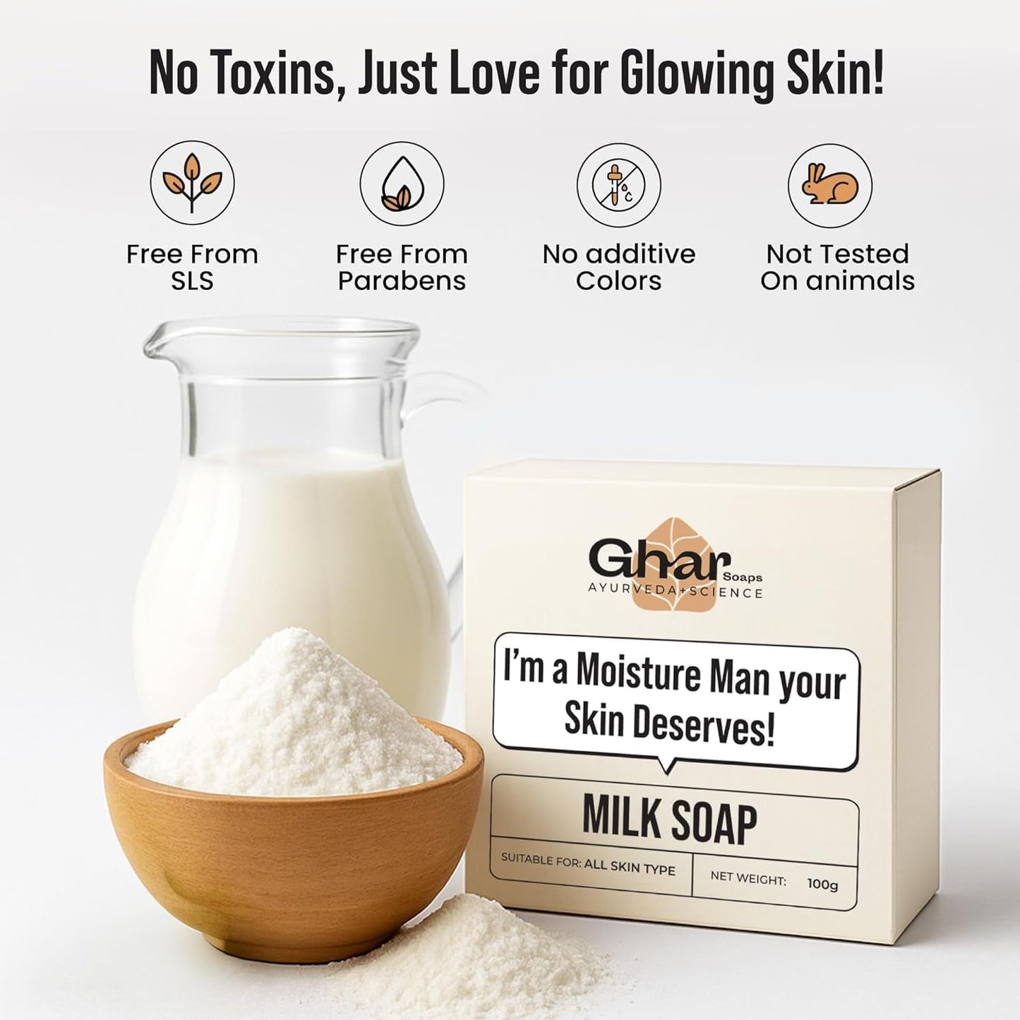 Ghar Soaps Milk Protein Soap Bar, Natural Nourishing Formula for All Skin Types, Hydrating & Moisturizing with Milk Powder, Paraben & SLS Free, 100g