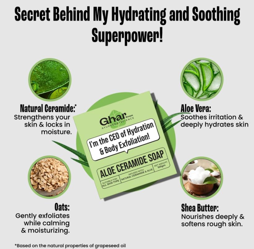 Ghar Soap Natural Aloe Vera Soap,Natural Handmade Soap,Herbal Bathing Soap For Healthy Skin,Natural Soap With Essential Oils|Made with Grape Seed Oil,Aloe Vera,Oats&Shea Butter Pack of 1