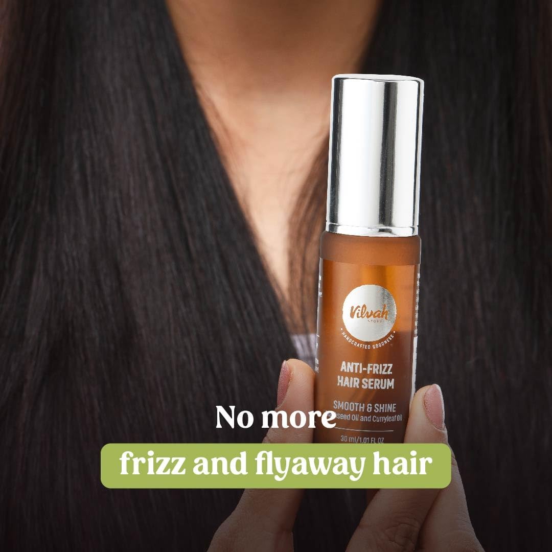 vilvah STORE Anti Frizz Hair Serum | Tames Frizz And Flyaways | Prevents Split Ends And Breakage | Silicone Free | For Women & Men | For All Hair Types | 30ml