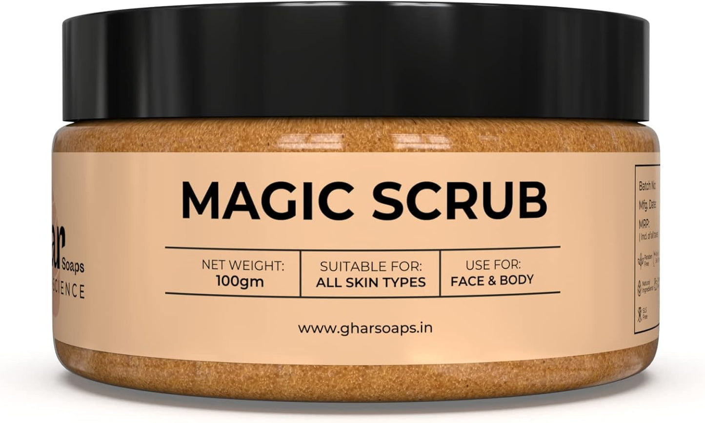 Ghar Soaps Magic Scrub Sandalwood and Saffron Suitaible for all Skin (100gm)|DEEPLY CLEANSES PORES | SKIN SMOOTH, GLOWING AND BREATHING FREE.