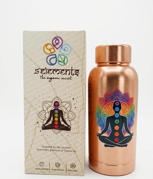 5Elements Pure Copper Water Bottle 100% | 400ml Leak-Proof & BPA-Free | Chakra & Yoga Mandala Design | Ayurvedic Tamra Jal Vessel for Drinking, Immunity Booster