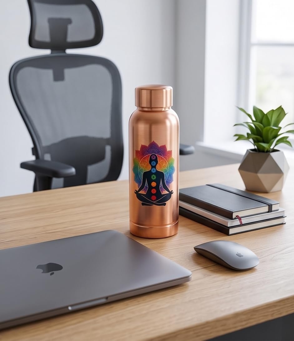 5Elements Pure Copper Water Bottle 100% | 400ml Leak-Proof & BPA-Free | Chakra & Yoga Mandala Design | Ayurvedic Tamra Jal Vessel for Drinking, Immunity Booster