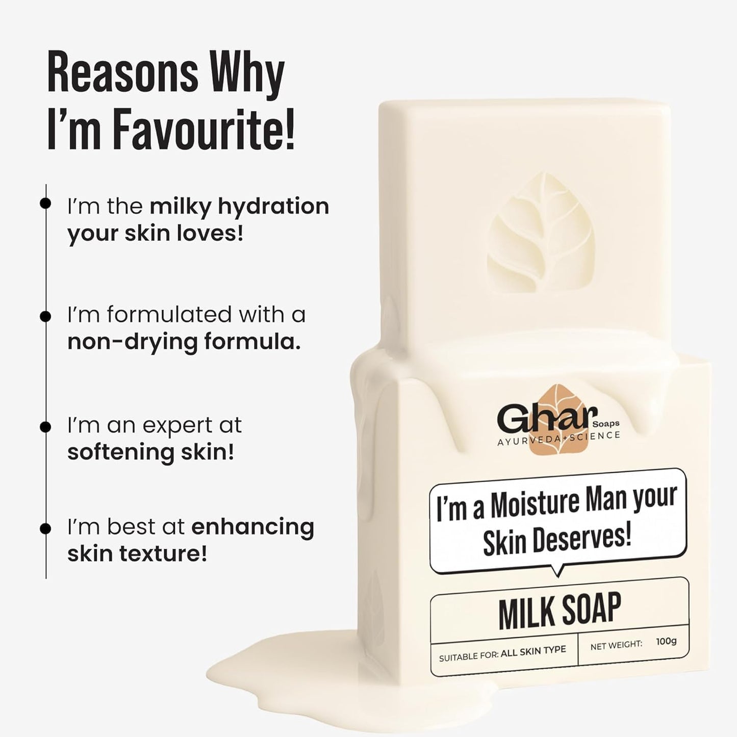 Ghar Soaps Milk Protein Soap Bar, Natural Nourishing Formula for All Skin Types, Hydrating & Moisturizing with Milk Powder, Paraben & SLS Free, 100g