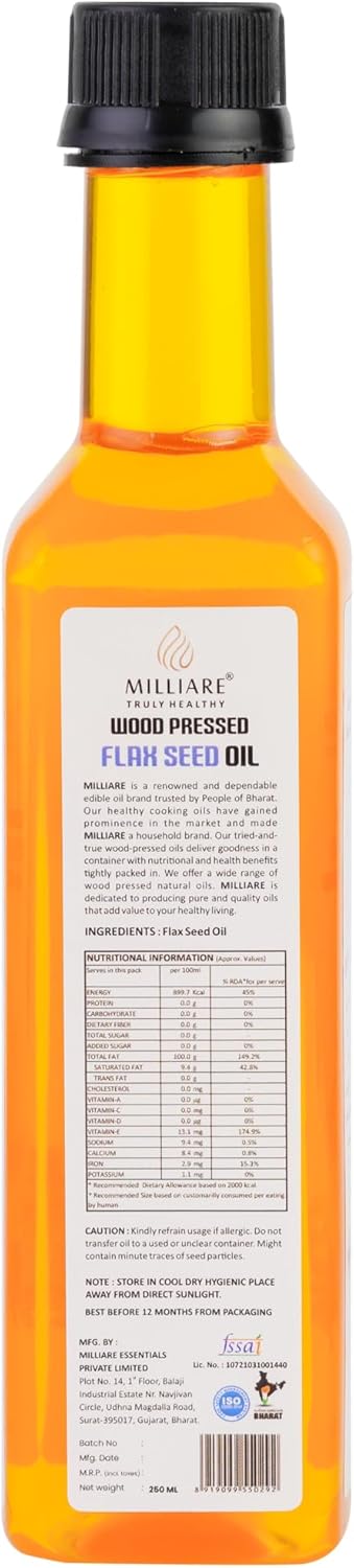 Milliare Flaxseed Wood Pressed Oil, Organic Oil for Hair Growth, Hexane-Free for Skin Care,for Heart Health, & Hormonal Balance – 250ml | Essential Oil