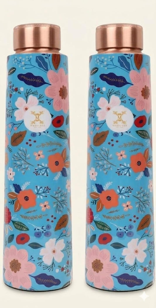 MERCAPE Copper Water Bottle Handmade Ayurvedic Enameled Print Water Bottle for Drinking 900ml (Pack of 2)