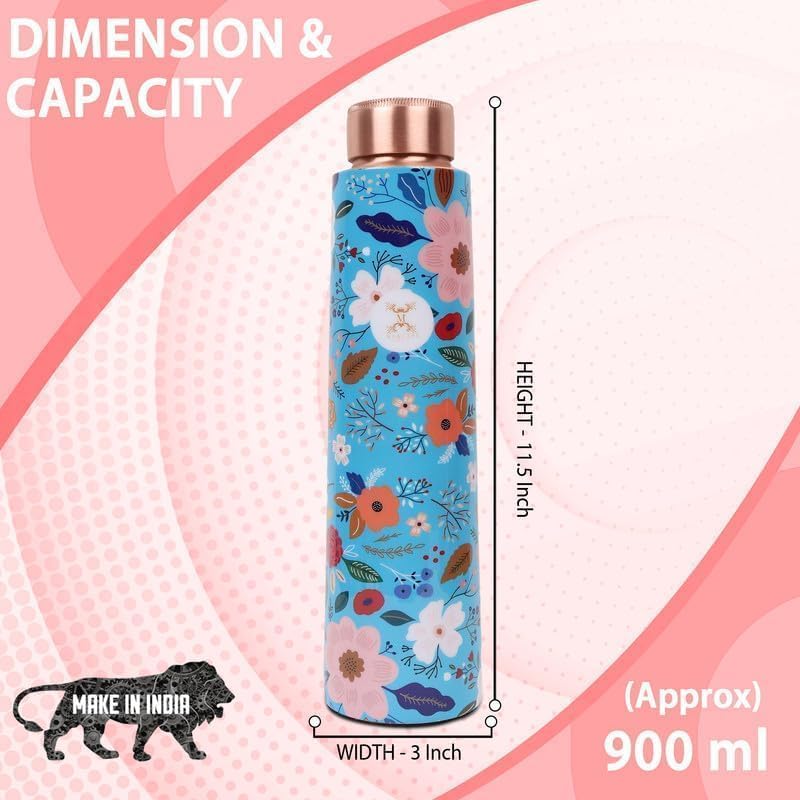 MERCAPE Copper Water Bottle Handmade Ayurvedic Enameled Print Water Bottle for Drinking 900ml (Pack of 2)