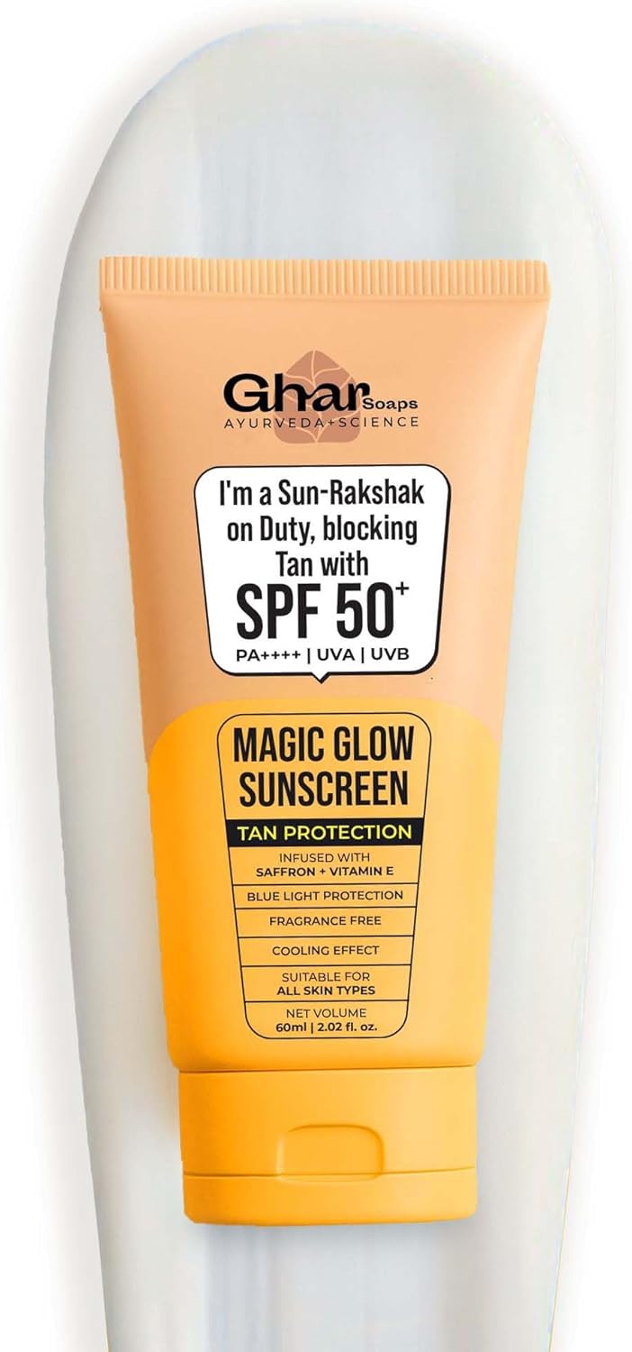 Ghar Soaps Magic Glow SPF 50 Mineral Face Sunscreen Oil Control Gel-Cream Dry Touch, High UVA/UVB, SPF 50+, Light Texture Sun Protection, Suitable Under Make-Up, For Blemish-Prone Skin, 60ml
