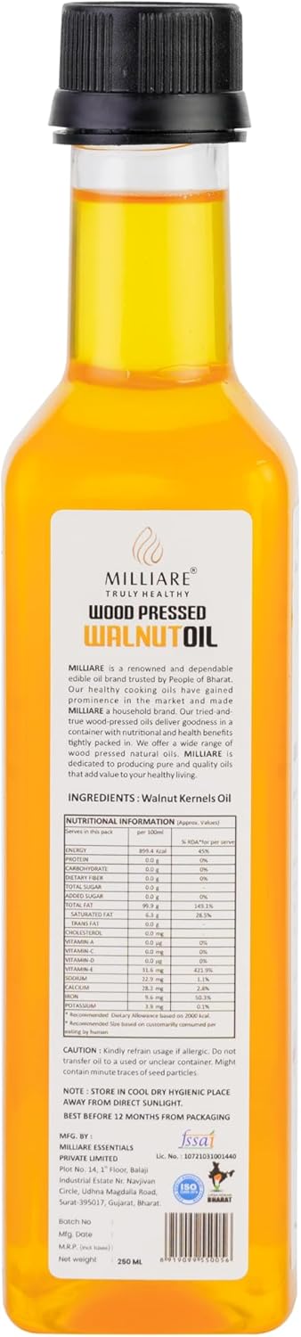 MILLIARE Natural Pure Organic Walnut Oil 100% Wood Pressed - 100% Pure & Non-Preservative | Best for Body, Skin & Hair | Essential Oil | 250 ml