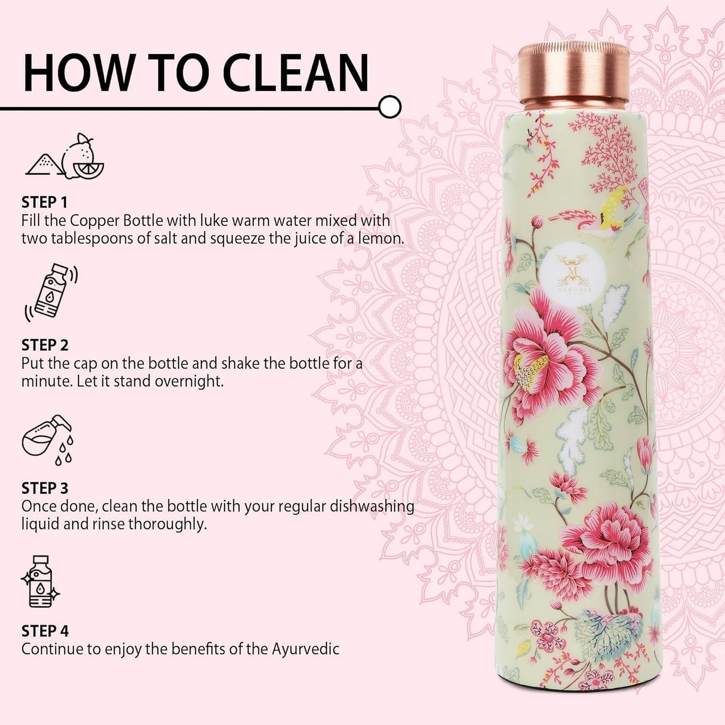 MERCAPE® - 100% Pure Joint Less Copper Bottles for Water with Leak Proof Lid | Ayurveda BPA Free & Non Toxic | Ayurvedic Office | Flower Print Bottle | Hiking Treking Bottle - 900ml (Pack Of 2)