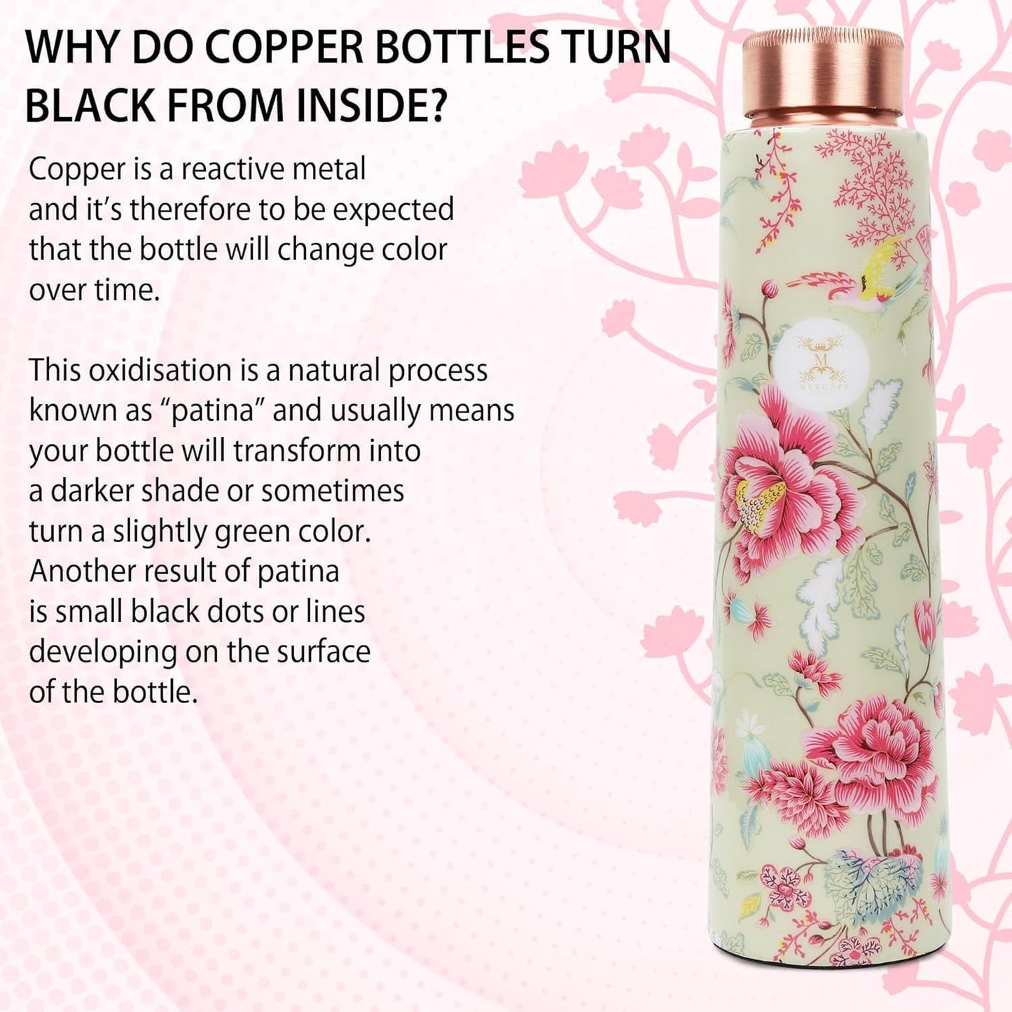 MERCAPE® - 100% Pure Joint Less Copper Bottles for Water with Leak Proof Lid | Ayurveda BPA Free & Non Toxic | Ayurvedic Office | Flower Print Bottle | Hiking Treking Bottle - 900ml (Pack Of 2)