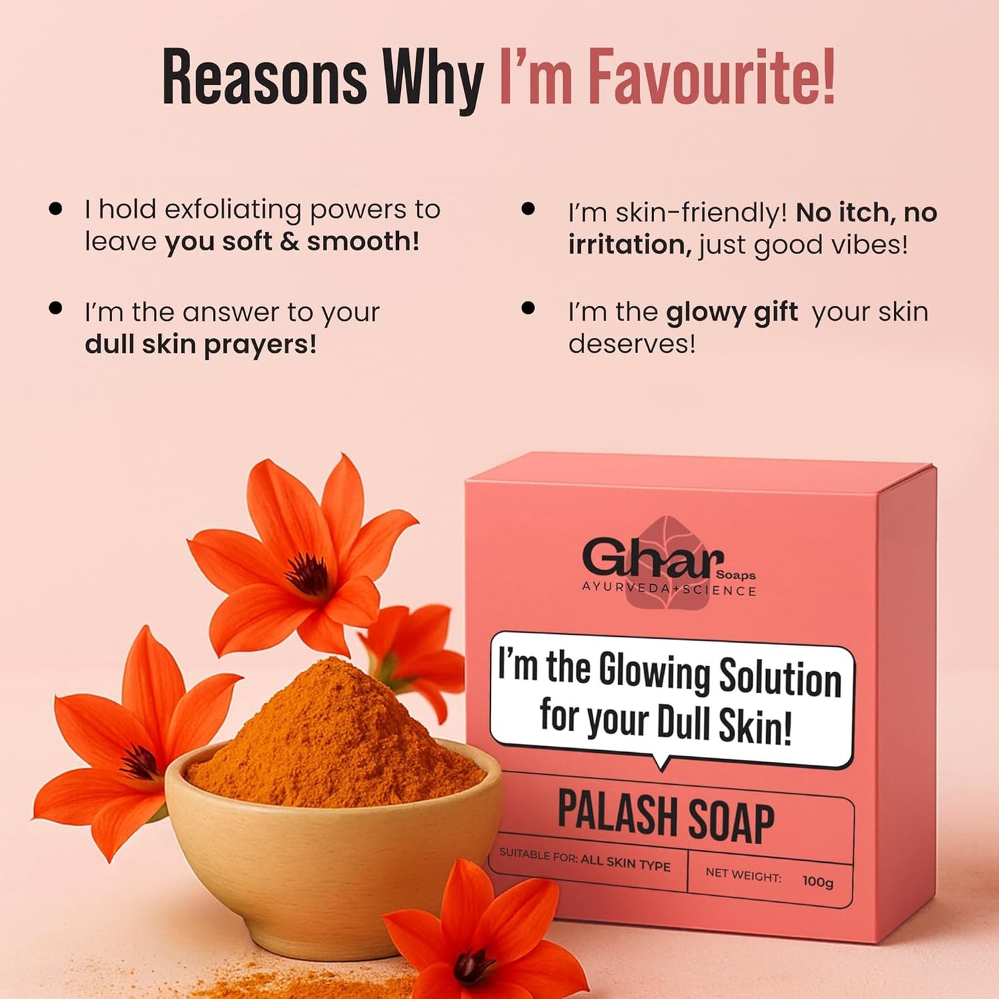 Ghar Soaps Natural Palash Petal Extract Soap, Exfoliating Bar for Glowing Skin, Paraben & SLS Free, Suitable for All Skin Types, 100g