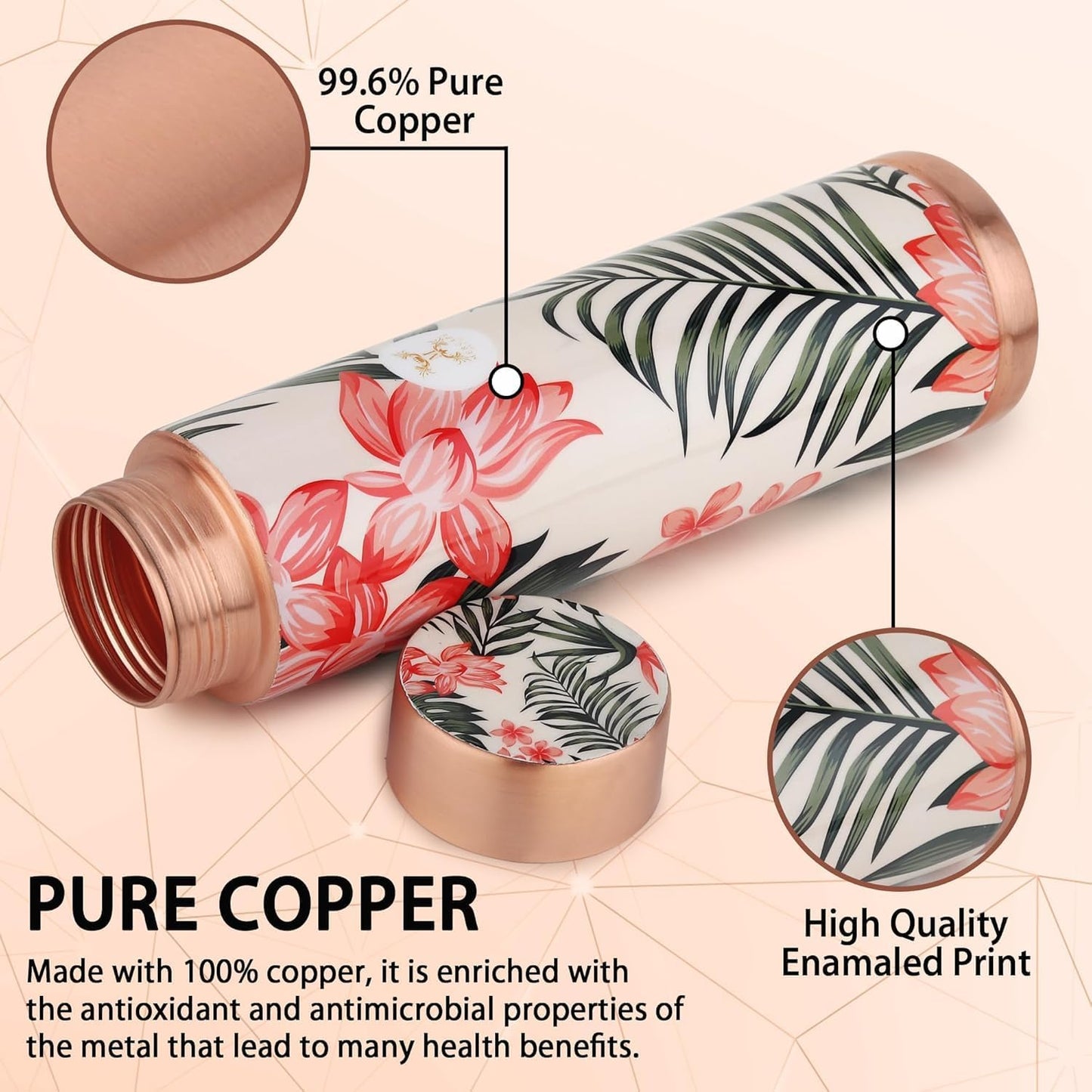 Copper Bottles for Water with Leak Proof Lid | 100% Pure Copper Bottle | BPA Free & Non Toxic | Printed Ayurvedic Copper Bottle for Health Benefits - 950 ML (Pack Of 2)