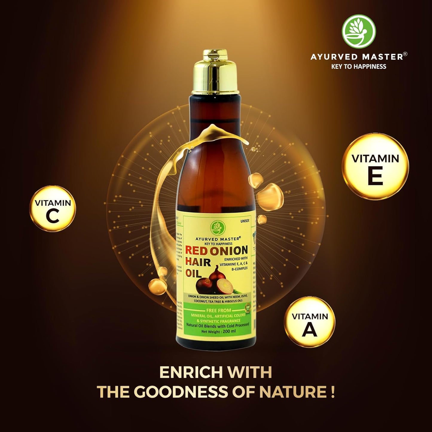 Ayurved Master Red Onion Hair Oil For Hair Deep Nourishment, Hair Growth and Hair Fall Control With Neem, Black Seed, Coconut and Tea Extracts - 200ml
