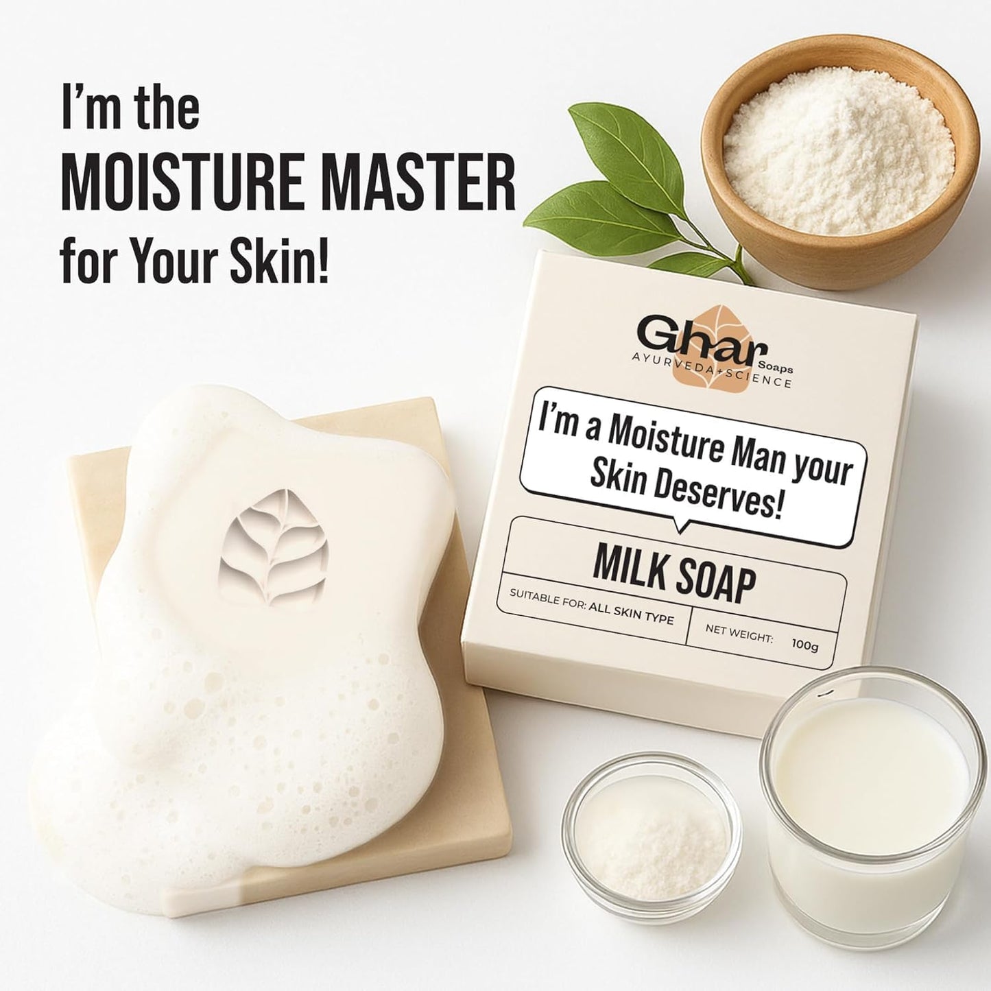 Ghar Soaps Milk Protein Soap Bar, Natural Nourishing Formula for All Skin Types, Hydrating & Moisturizing with Milk Powder, Paraben & SLS Free, 100g