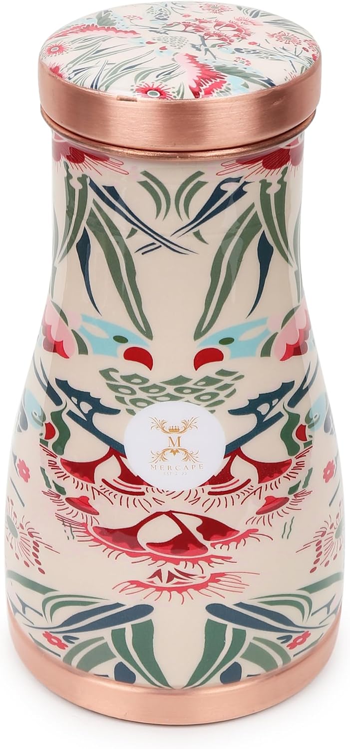 MERCAPE® - 100% Pure Copper Water Bedside Bottle with Ample Multicolor Print Design 2 | Bedroom Office Carafe | Bedroom jar with inbuilt Copper Glass/Vessel 1000 ML