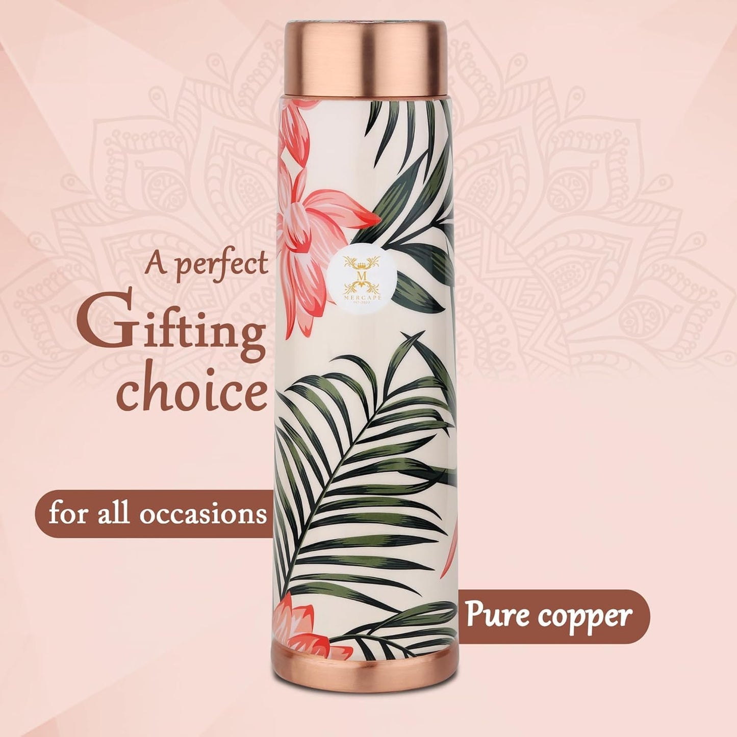 Copper Bottles for Water with Leak Proof Lid | 100% Pure Copper Bottle | BPA Free & Non Toxic | Printed Ayurvedic Copper Bottle for Health Benefits - 950 ML (Pack Of 2)