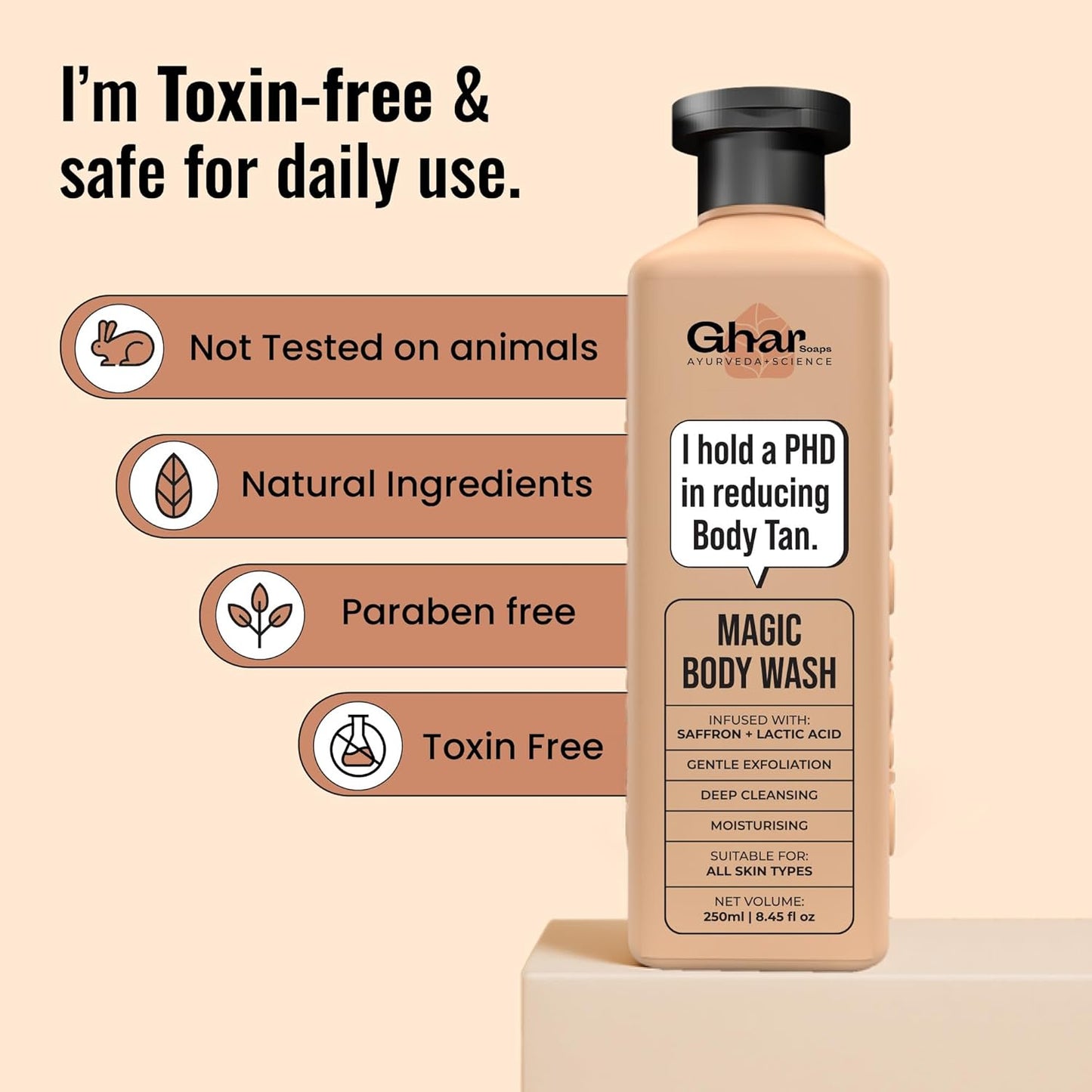 Ghar Soaps Magic De-Tan Body Wash For Tan Removal | Exfoliating With Saffron, Lactic Acid & Niacinamide Detan Removes Helps In Skin Lightening Paraben Sls Free 250Ml