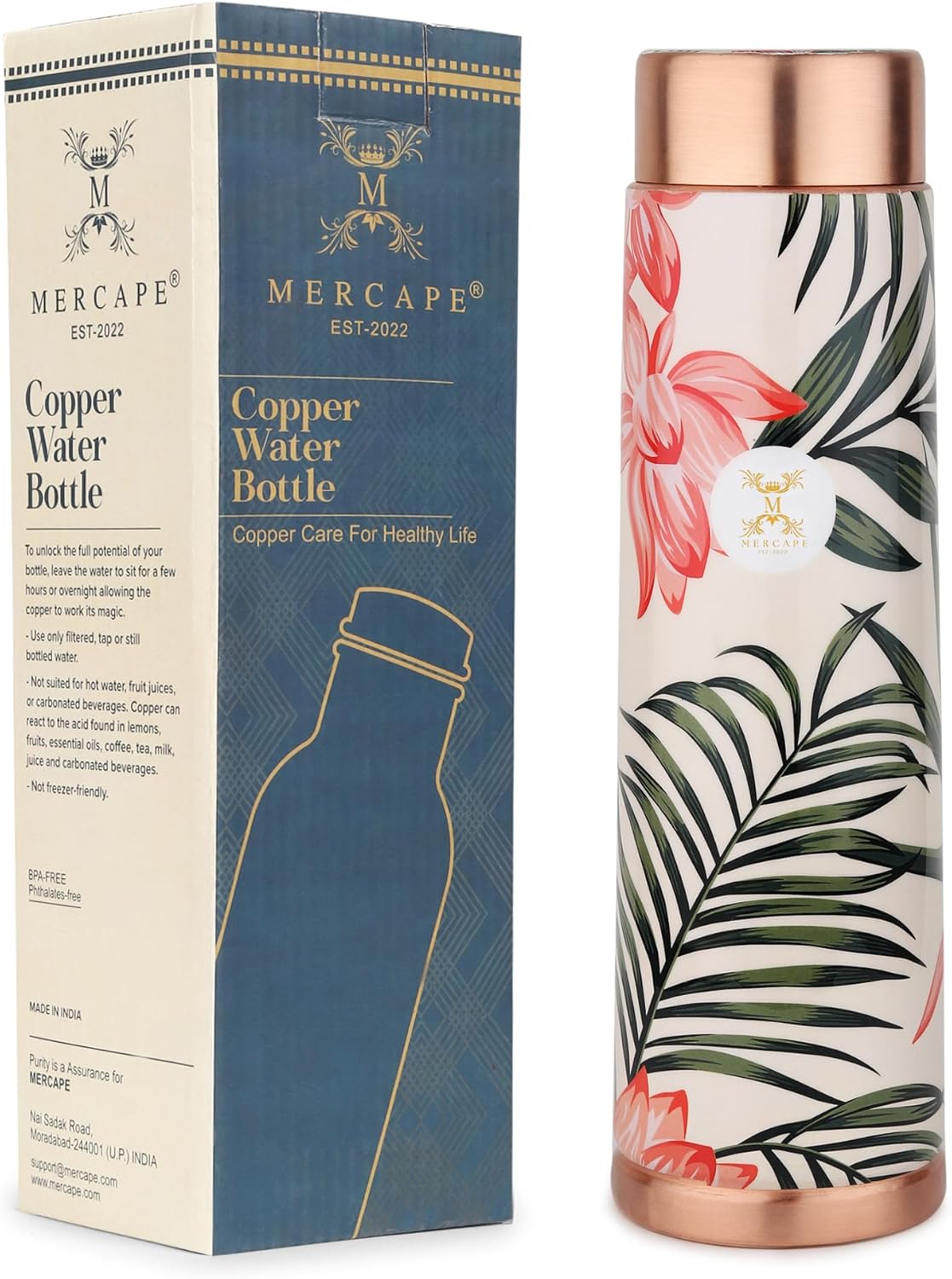 MERCAPE® - Copper Bottles for Water with Leak Proof Lid | 100% Pure Copper Bottle | BPA Free & Non Toxic | Printed Ayurvedic Copper Bottle for Health Benefits - 950 ML