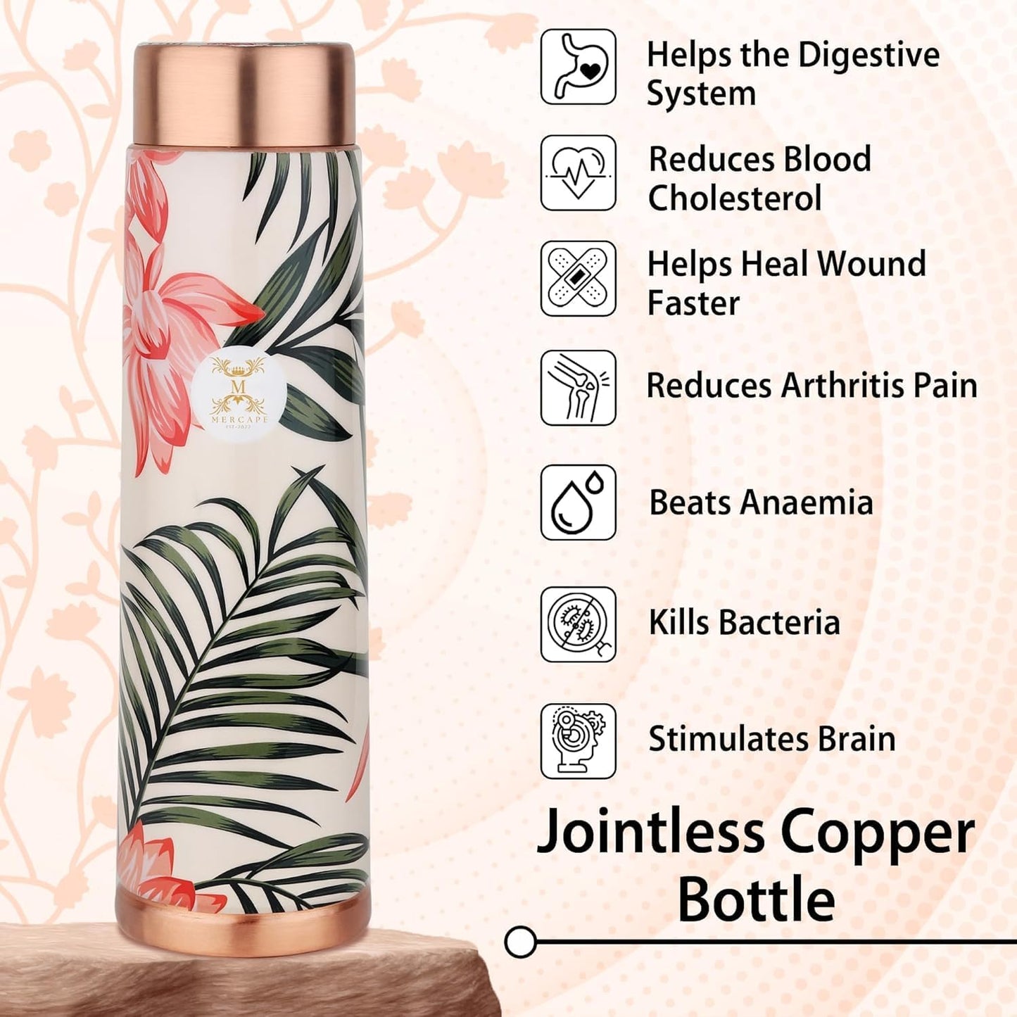 Copper Bottles for Water with Leak Proof Lid | 100% Pure Copper Bottle | BPA Free & Non Toxic | Printed Ayurvedic Copper Bottle for Health Benefits - 950 ML (Pack Of 2)