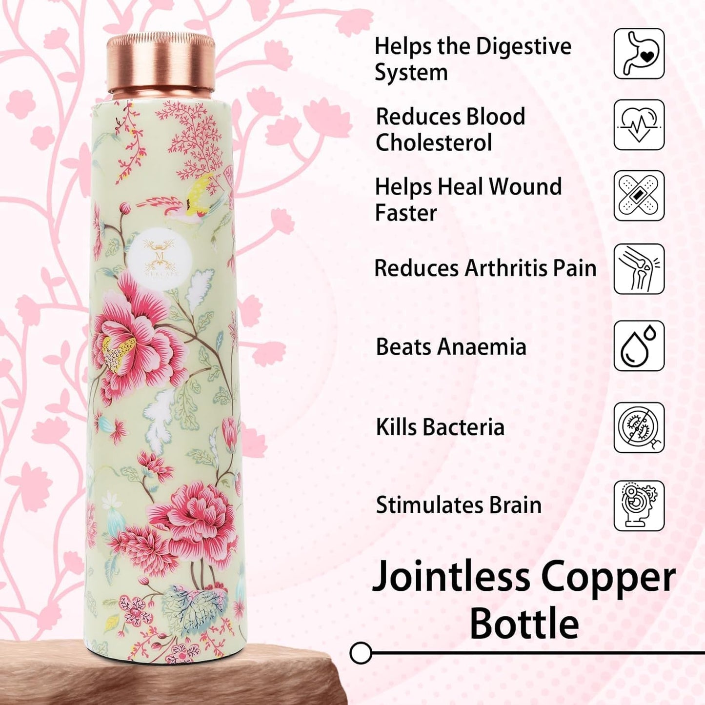 MERCAPE® - 100% Pure Joint Less Copper Bottles for Water with Leak Proof Lid | Ayurveda BPA Free & Non Toxic | Ayurvedic Office | Flower Print Bottle | Hiking Treking Bottle - 900ml (Pack Of 2)