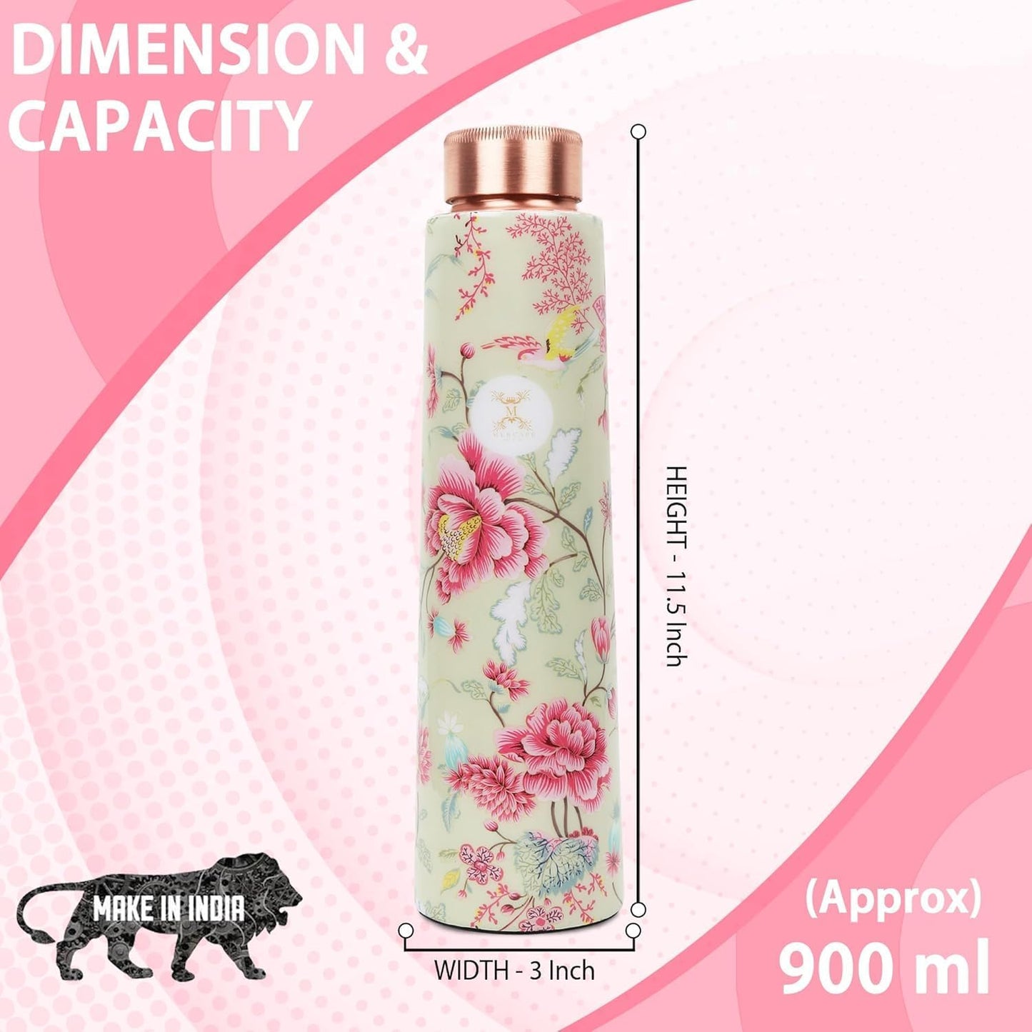 MERCAPE® - 100% Pure Joint Less Copper Bottles for Water with Leak Proof Lid | Ayurveda BPA Free & Non Toxic | Ayurvedic Office | Flower Print Bottle | Hiking Treking Bottle - 900ml (Pack Of 2)
