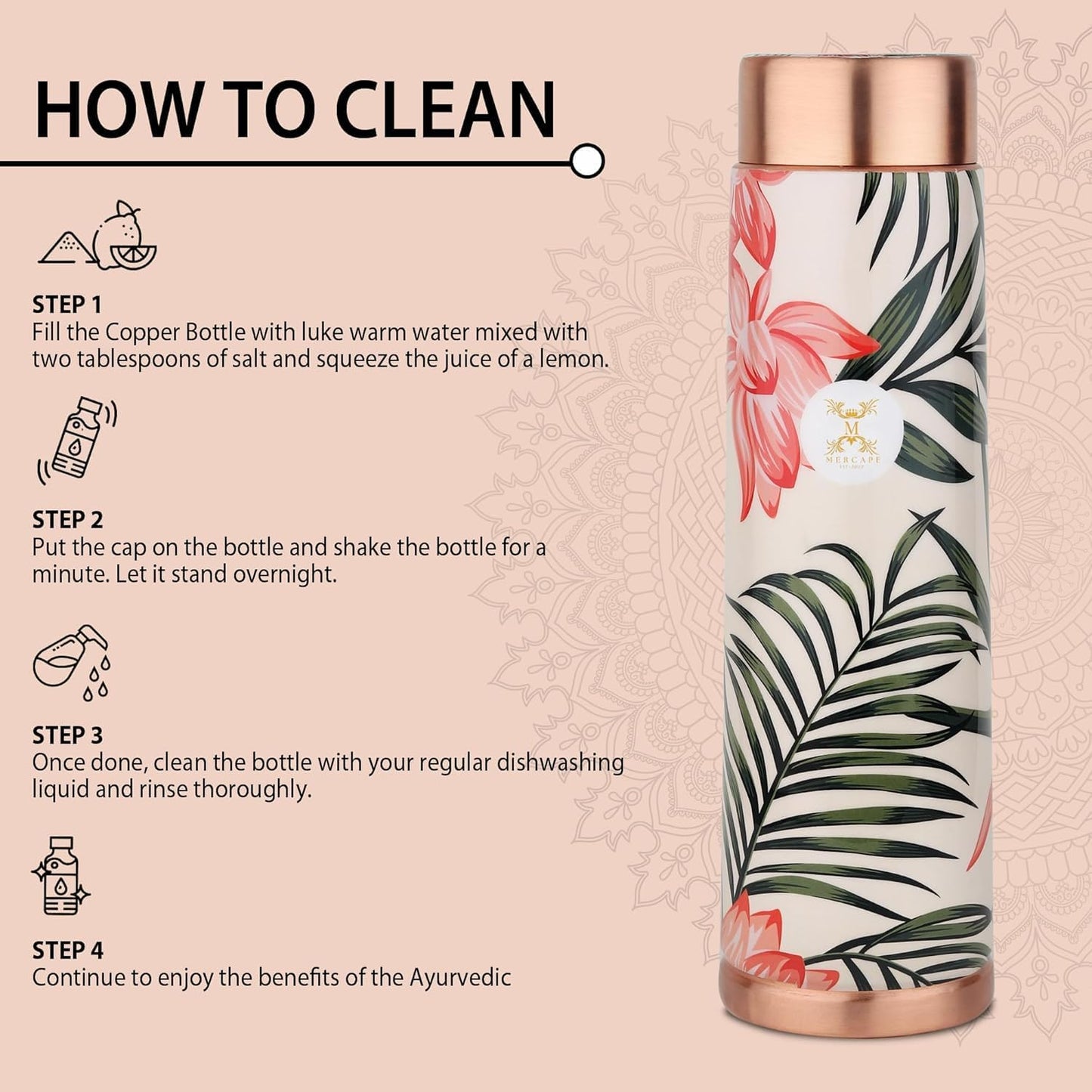 Copper Bottles for Water with Leak Proof Lid | 100% Pure Copper Bottle | BPA Free & Non Toxic | Printed Ayurvedic Copper Bottle for Health Benefits - 950 ML (Pack Of 2)