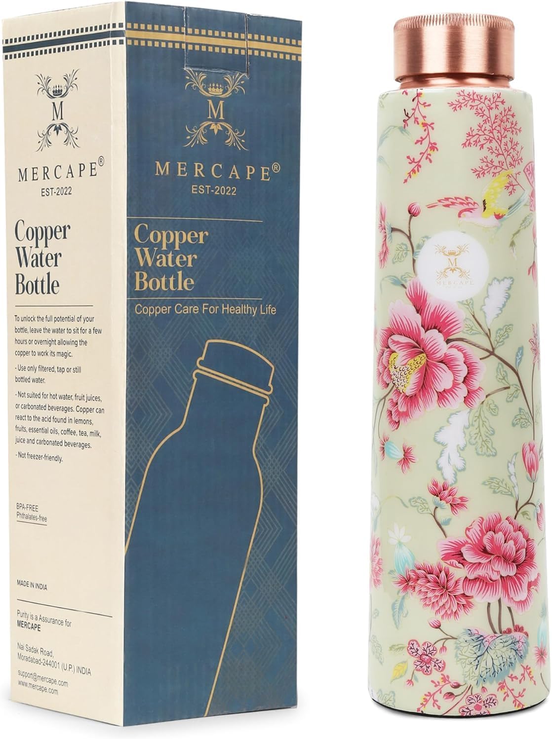 MERCAPE® - 100% Pure Joint Less Copper Bottles for Water with Leak Proof Lid | Ayurveda BPA Free & Non Toxic | Ayurvedic Office | Flower Print Bottle | Hiking Treking Bottle - 900ml (Pack Of 2)