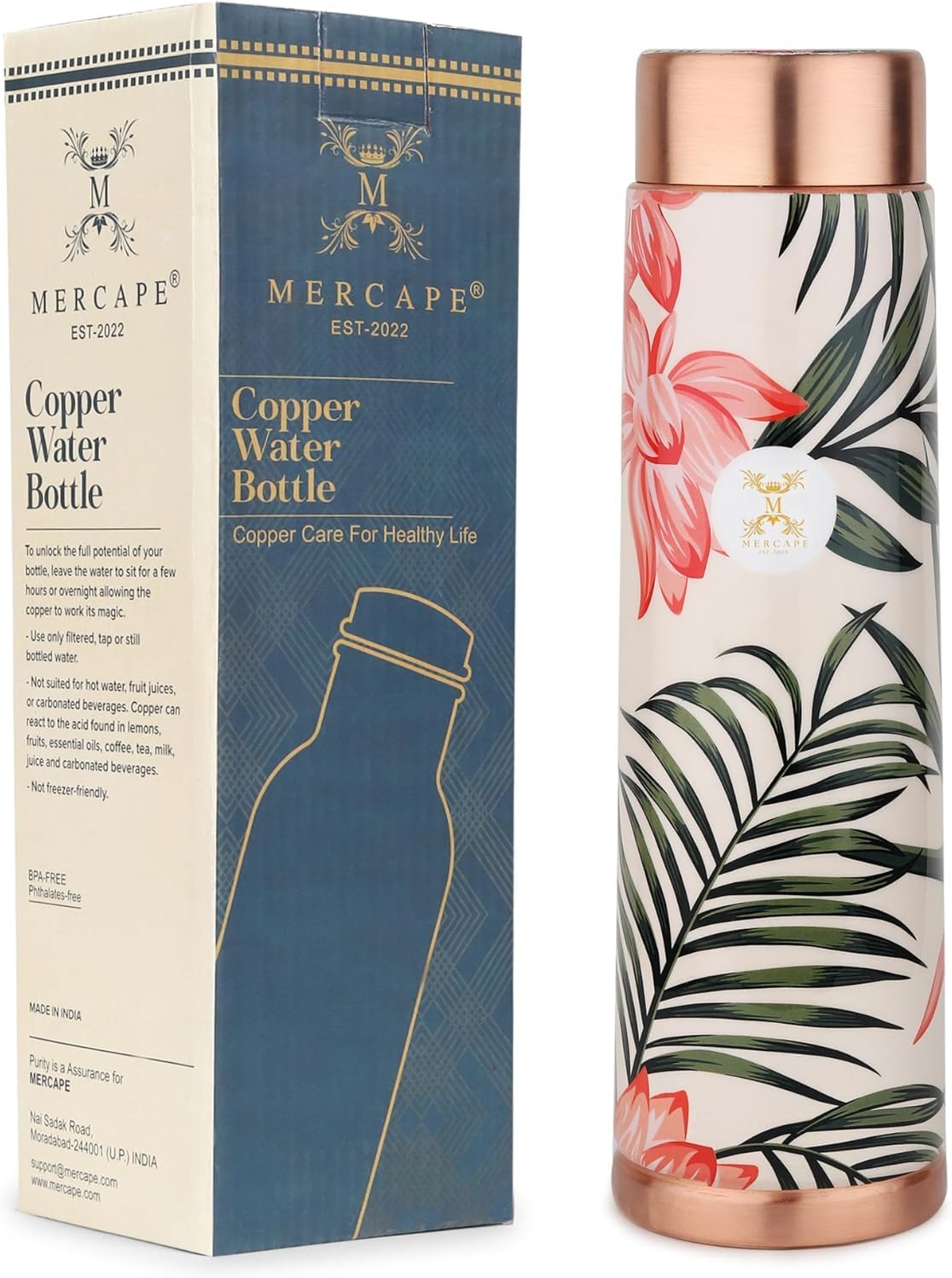 Copper Bottles for Water with Leak Proof Lid | 100% Pure Copper Bottle | BPA Free & Non Toxic | Printed Ayurvedic Copper Bottle for Health Benefits - 950 ML (Pack Of 2)