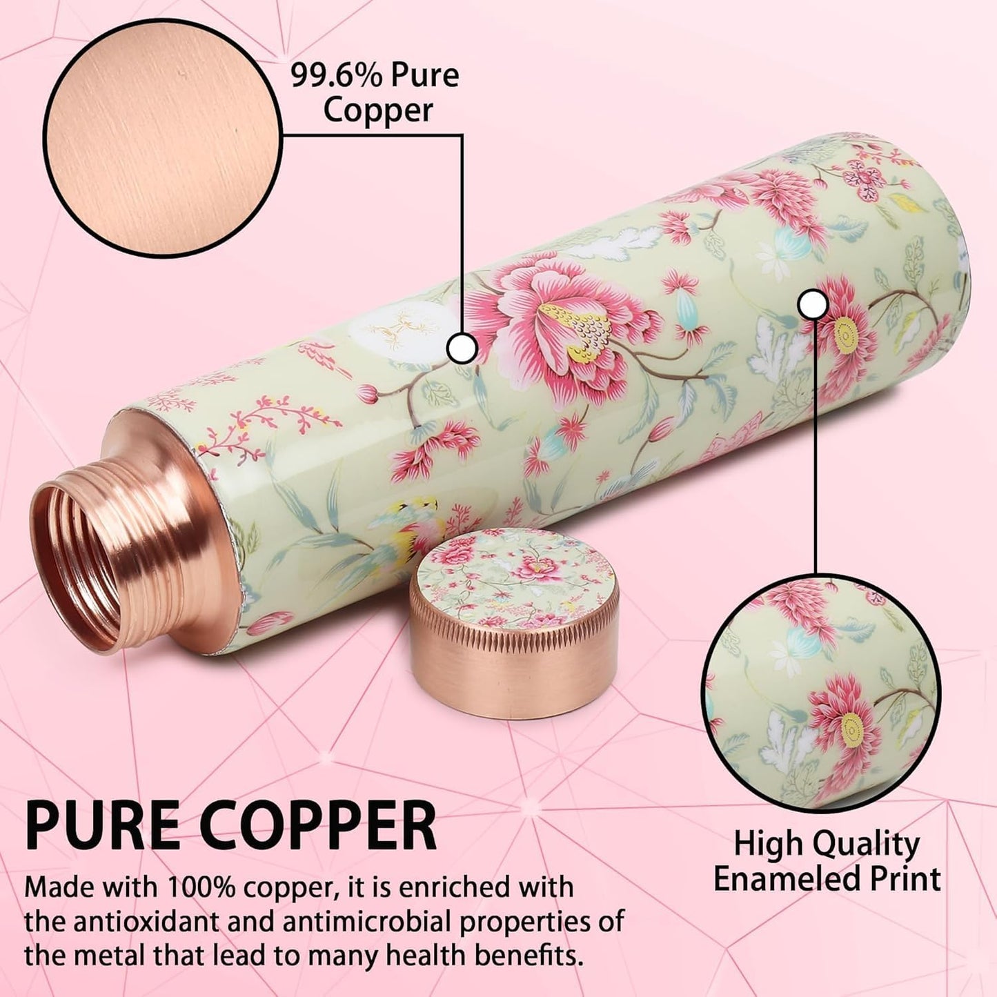 MERCAPE® - 100% Pure Joint Less Copper Bottles for Water with Leak Proof Lid | Ayurveda BPA Free & Non Toxic | Ayurvedic Office | Flower Print Bottle | Hiking Treking Bottle - 900ml (Pack Of 2)