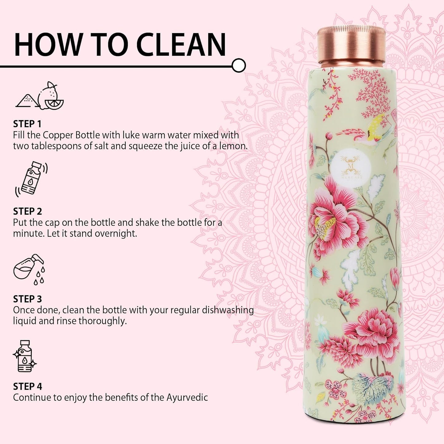 100% Pure Joint Less Copper Bottles for Water with Leak Proof Lid | Ayurveda BPA Free & Non Toxic | Ayurvedic Office | Flower Print Bottle | Hiking Treking Bottle - 900ml