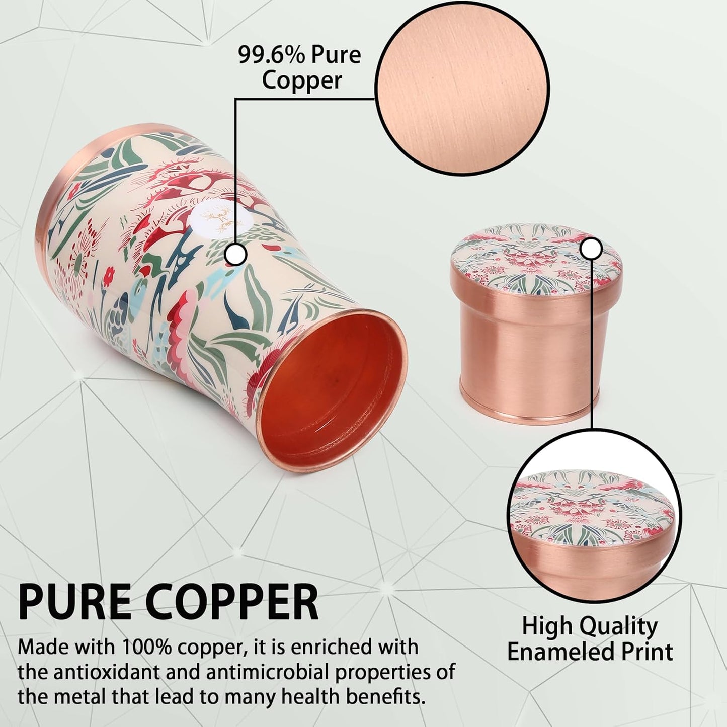 MERCAPE® - 100% Pure Copper Water Bedside Bottle with Ample Multicolor Print Design 2 | Bedroom Office Carafe | Bedroom jar with inbuilt Copper Glass/Vessel 1000 ML
