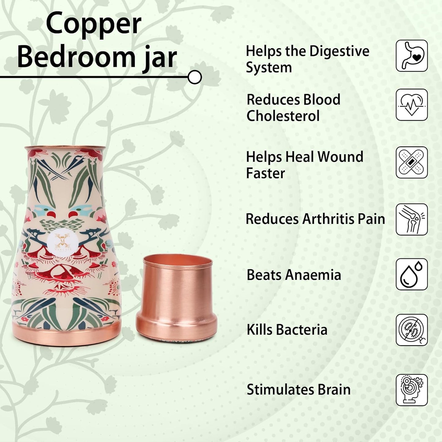 MERCAPE® - 100% Pure Copper Water Bedside Bottle with Ample Multicolor Print Design 2 | Bedroom Office Carafe | Bedroom jar with inbuilt Copper Glass/Vessel 1000 ML