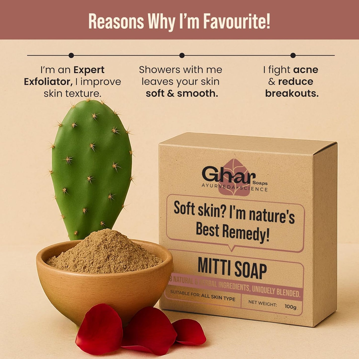 Ghar Soaps Mitti Soap with Mountain Pond Soil, 26 Herbs for Brightening, Softening, Exfoliating, All Skin Types, 100g Bar